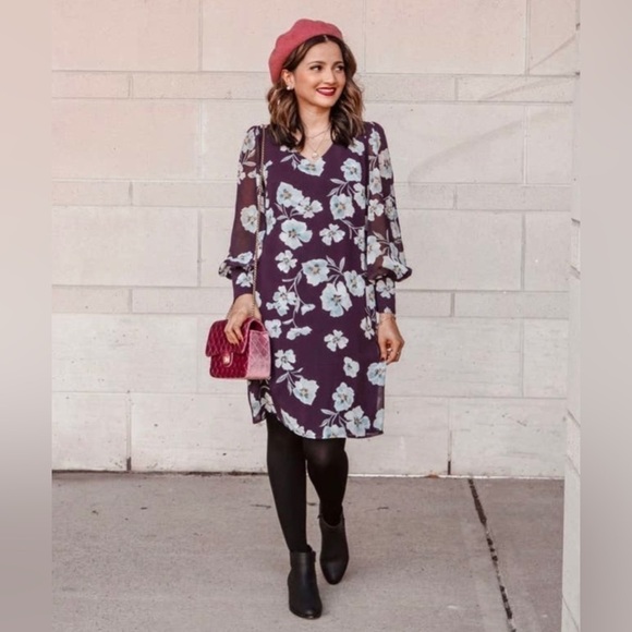 NEW! Cabi Ellery Purple Floral Long Sleeve V-Neck Dress 4018 Small Chiffon - Picture 9 of 10